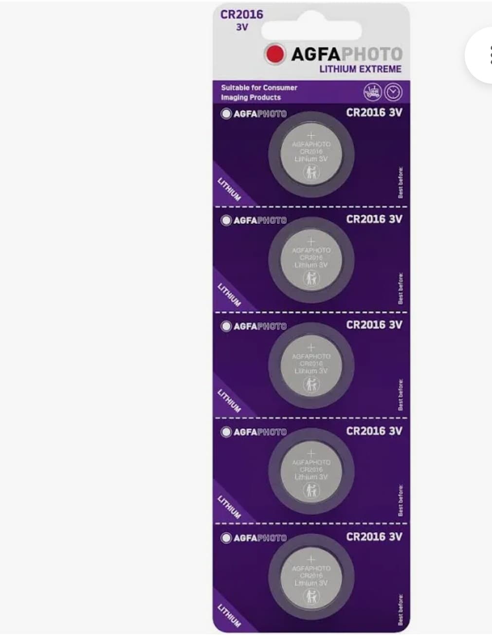 AgfaPhoto Lithium Extreme CR2016 3V Coin Cell Battery 5-Pack