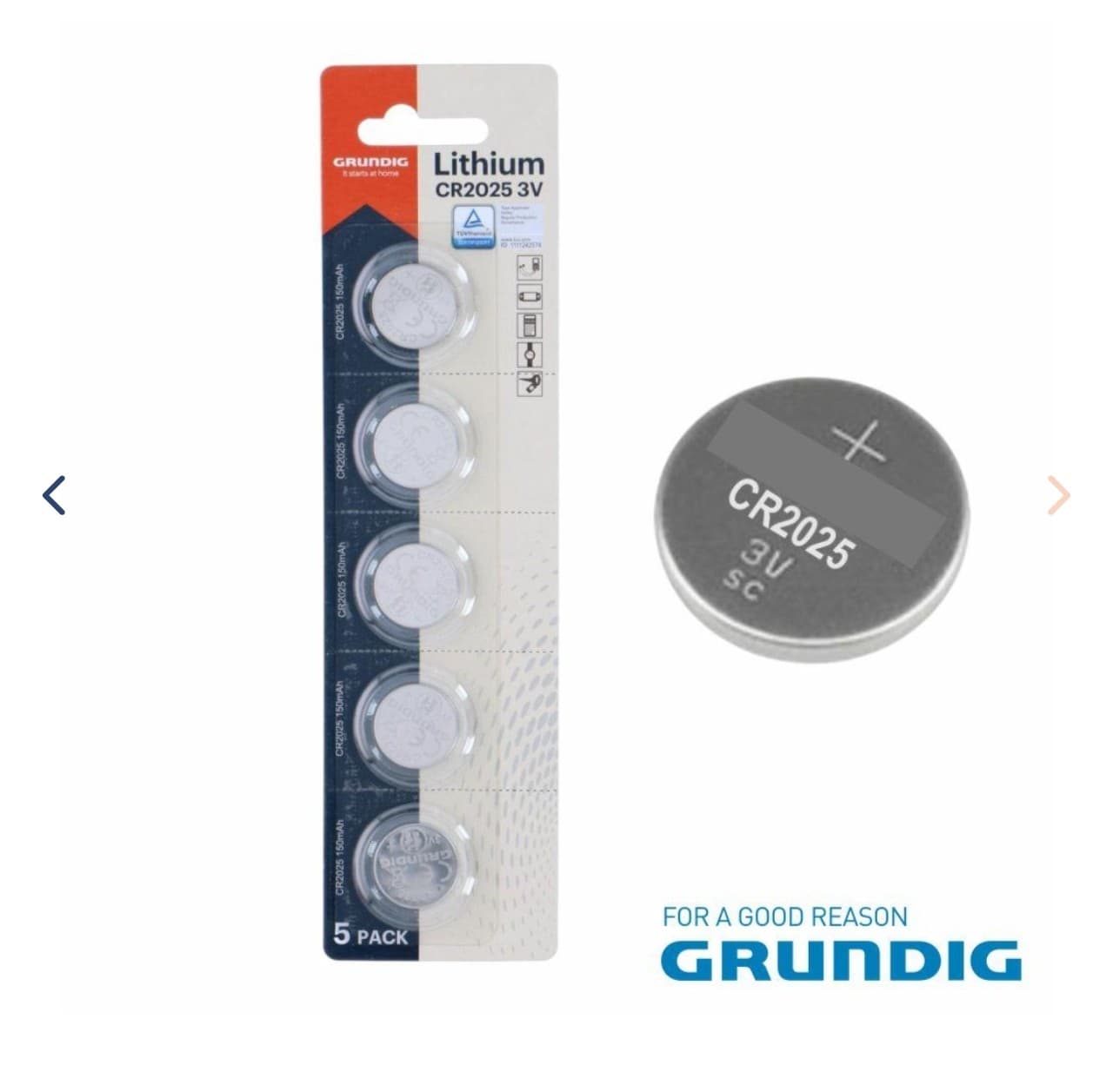Grundig Lithium CR2025 3V 150mAh Coin Cell Battery 5-Pack