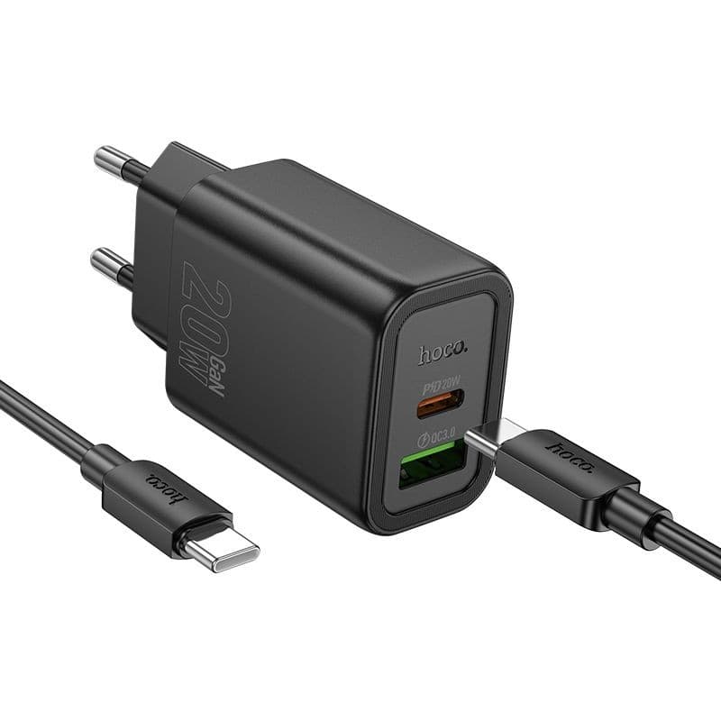 hoco N61 Gentle PD20W + QC3.0 Dual Port Fast Charger Set (C to C, EU) Black