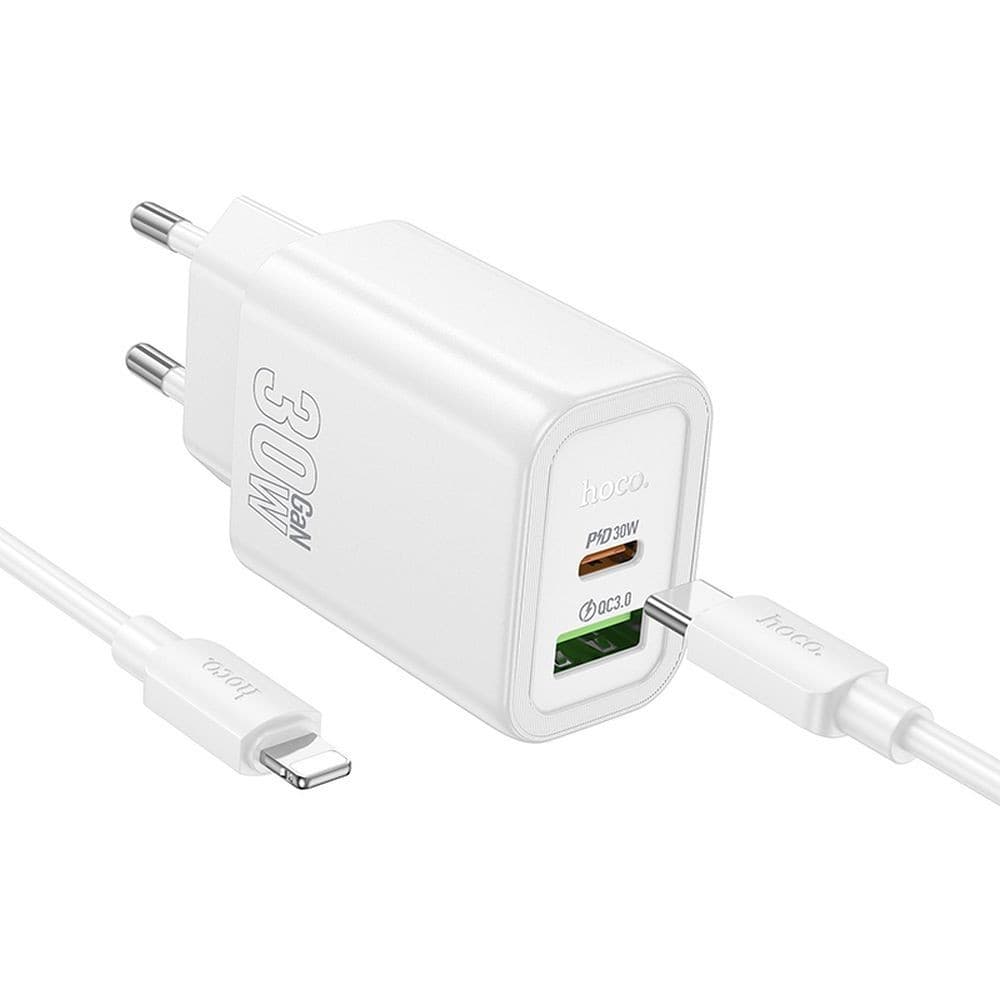 hoco N63 Gentle PD30W + QC3.0 Dual Port Fast Charger Set (C to Lightning, EU) White