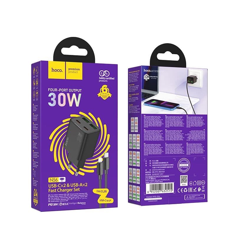 hoco N56 Fundador Four-Port 30W Fast Charger Set (C to iP, EU) Black
