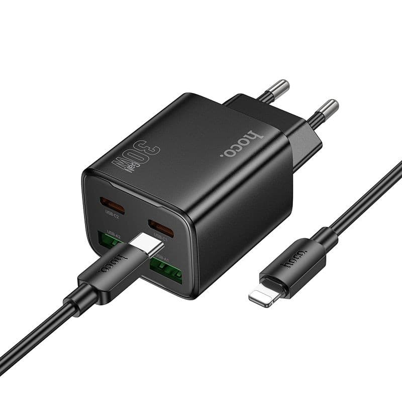 hoco N56 Fundador Four-Port 30W Fast Charger Set (C to iP, EU) Black