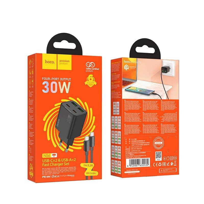 hoco N56 Fundador Four Port PD30W + QC3.0 Fast Charger Set (C to C, EU) Black