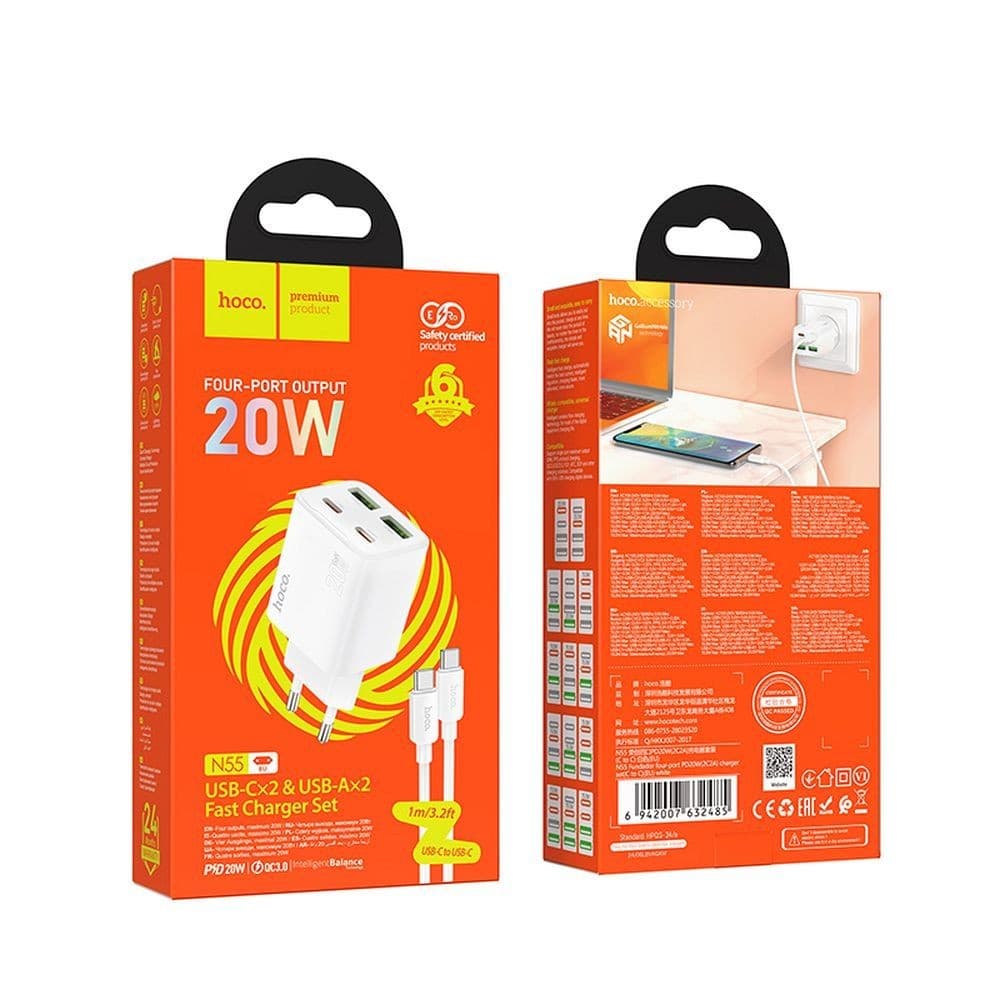 hoco N55 Fundador Four Port PD20W + QC3.0 Fast Charger Set (C to C, EU) White