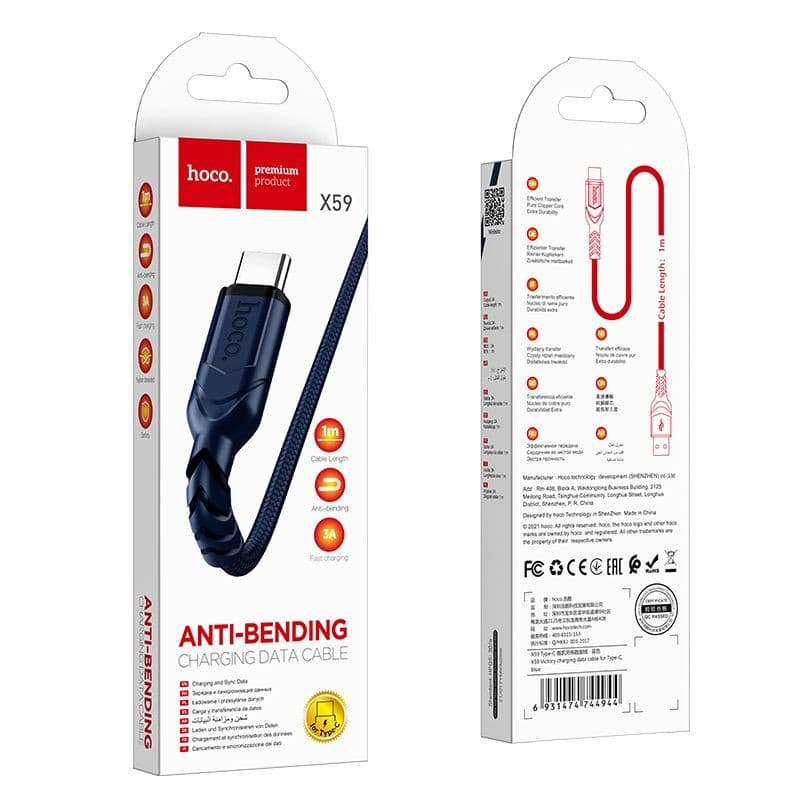 hoco X59 Victory Anti-Bending USB-A to Type-C Charging Data Cable 1 m Blue