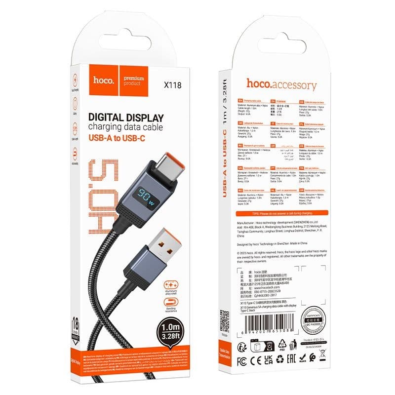 hoco X118 Generous 5A USB-A to USB-C Digital Display Charging Data Cable 1 m Black