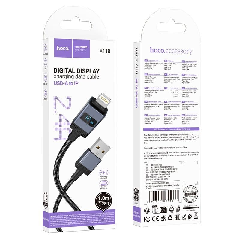 hoco X118 Generous 2.4A USB-A to Lightning Digital Display Charging Data Cable 1 m Black