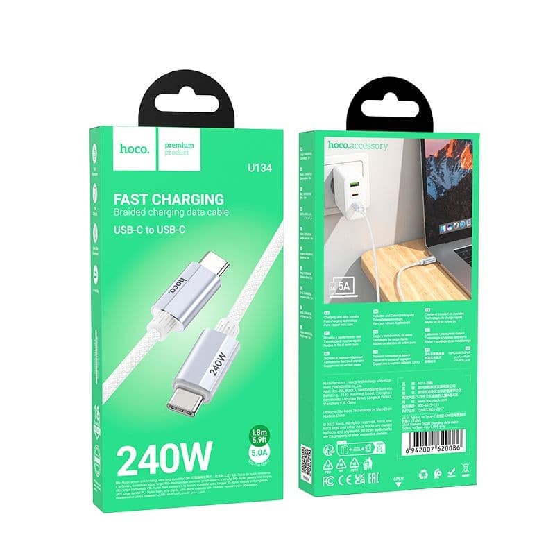hoco U134 Prime 240W USB-C to USB-C Braided Charging Data Cable 1.8 m Silver