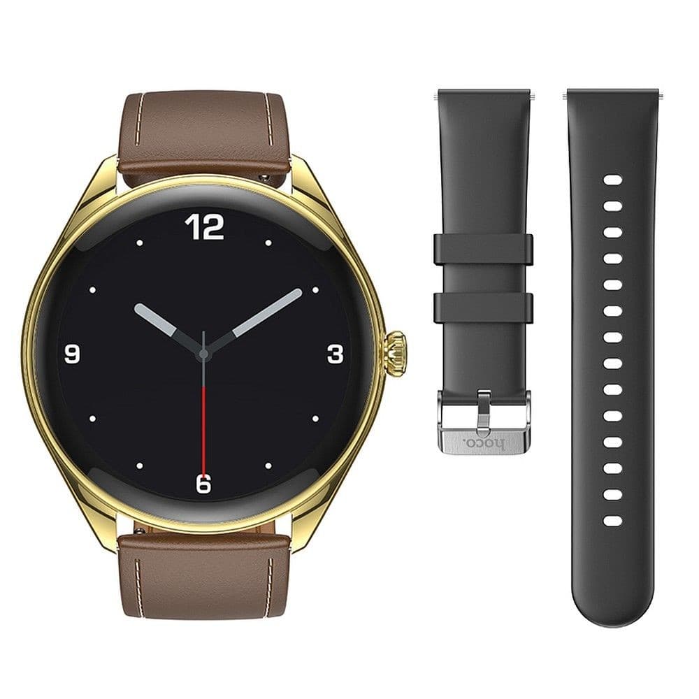 hoco Y22 Round Smart Watch Gold with Brown Leather Strap