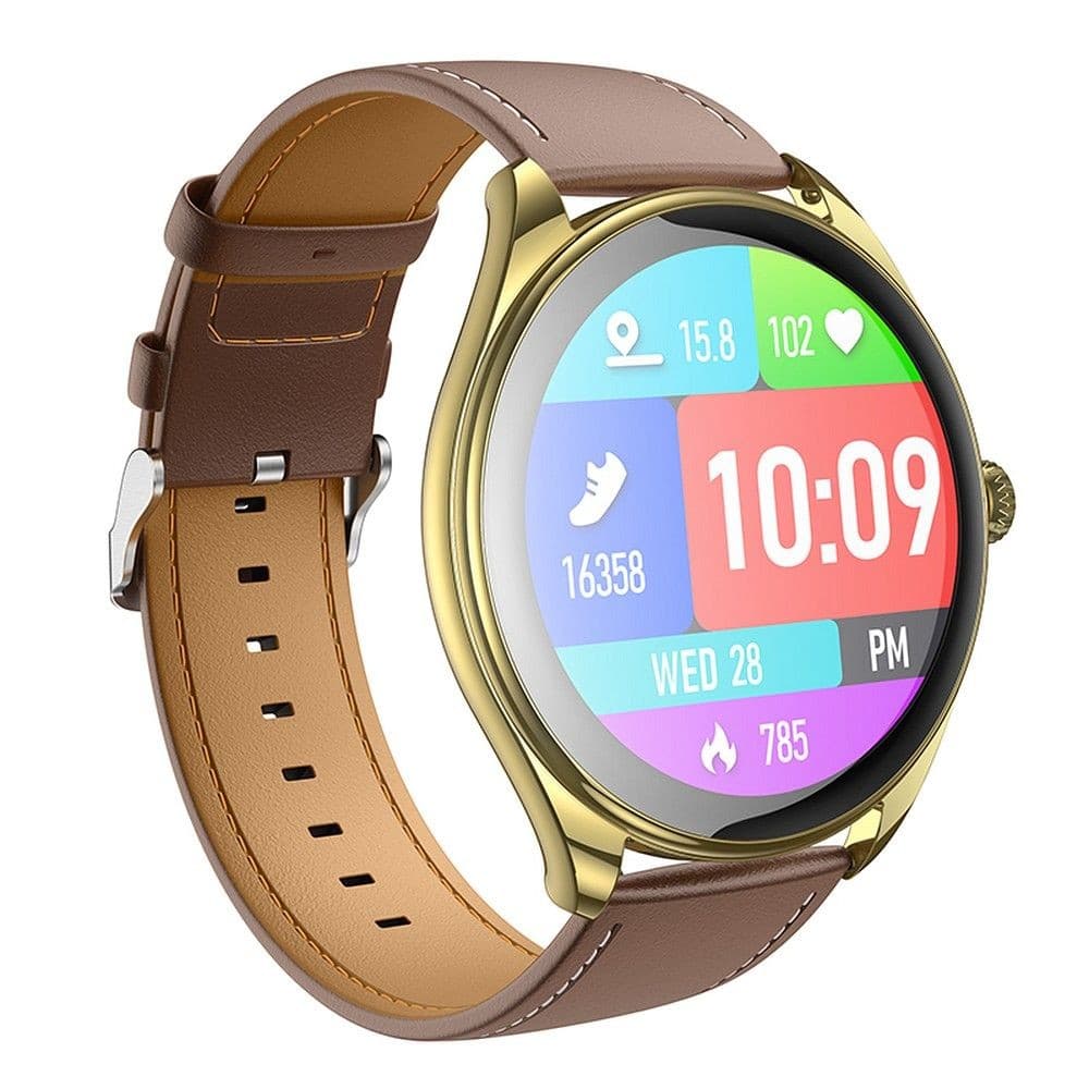 hoco Y22 Round Smart Watch Gold with Brown Leather Strap