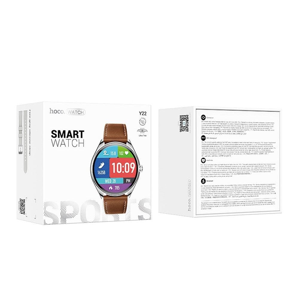 hoco Y22 Round Smart Watch Silver with Brown Leather Strap