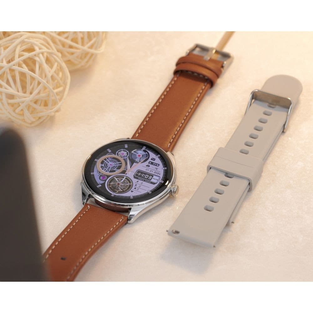 hoco Y22 Round Smart Watch Silver with Brown Leather Strap