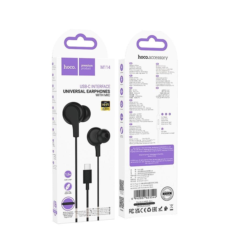 hoco M114 USB-C Universal Earphones with Mic Black