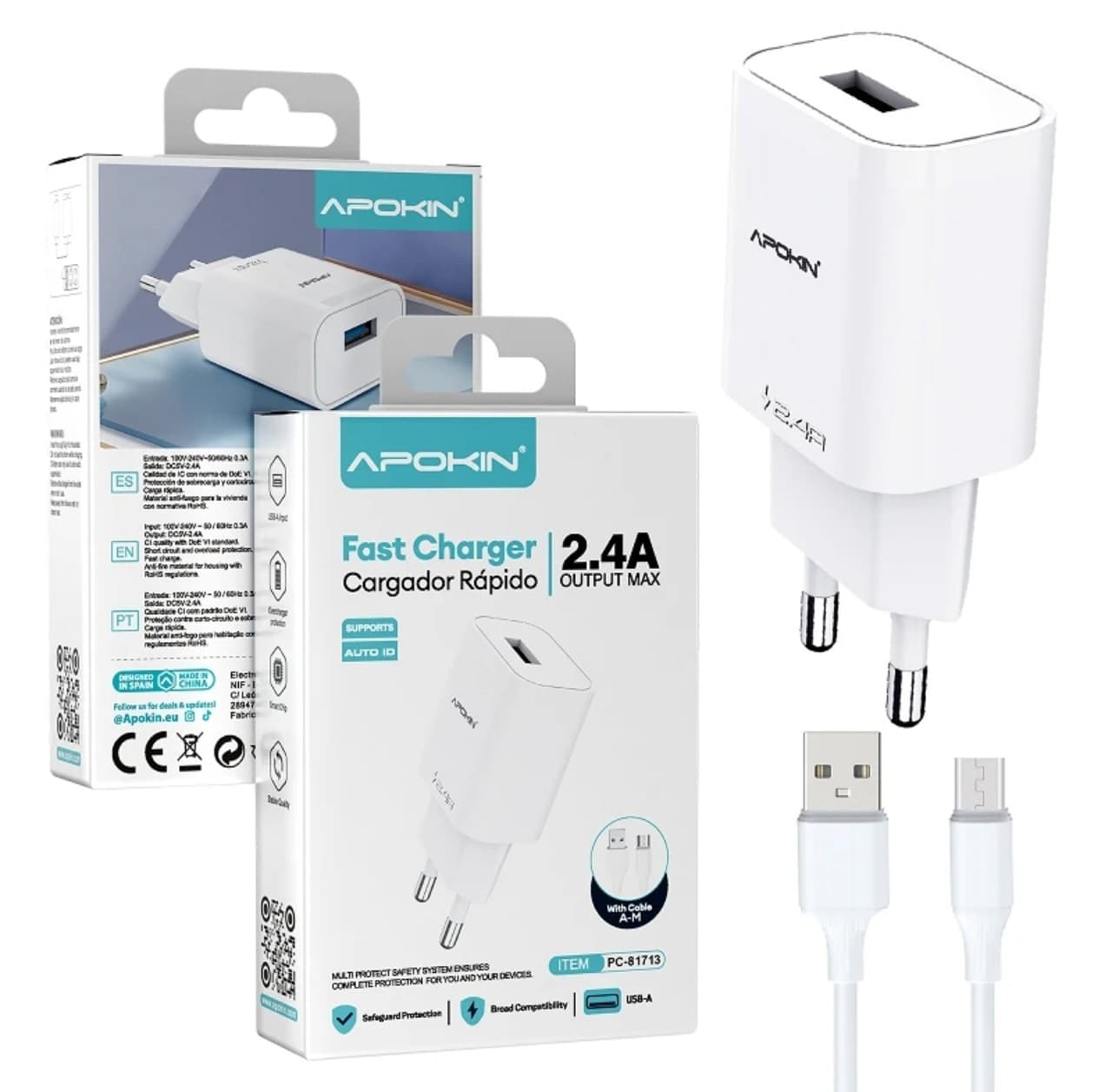 Apokin PC-81713 2.4A Fast Charger with Micro USB Cable White