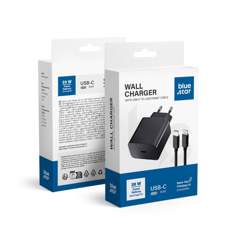 Blue Star 20W Wall Charger USB-C with USB-C to Lightning Cable Black