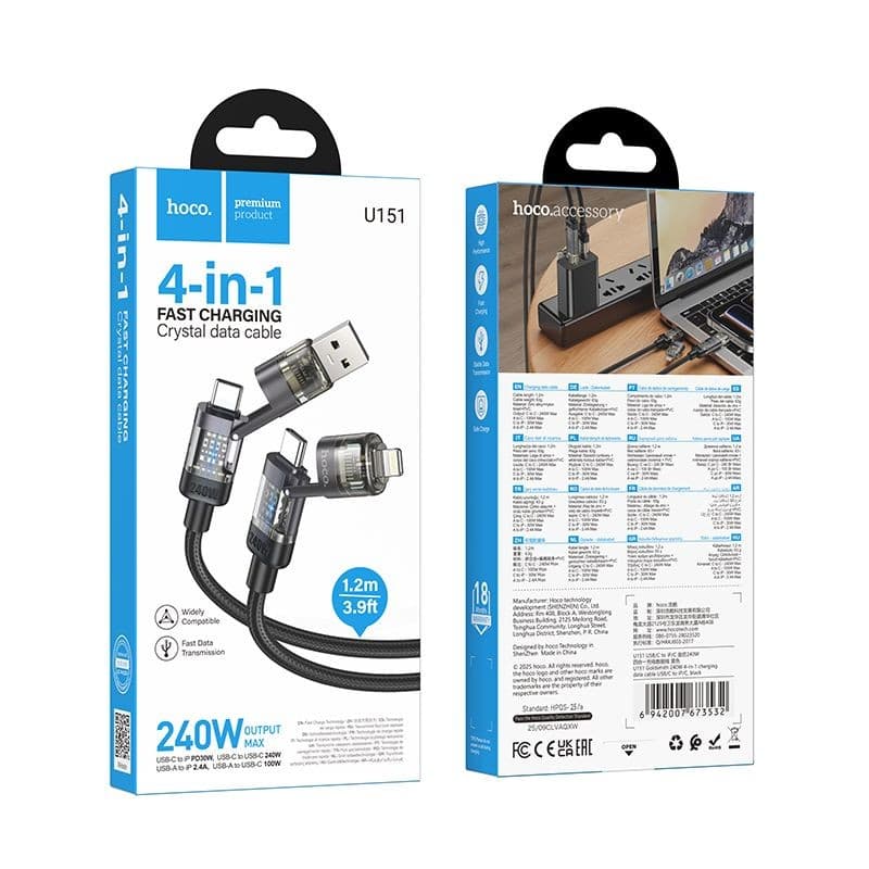 hoco U151 Goldsmith 4-in-1 Fast Charging Crystal Data Cable Black