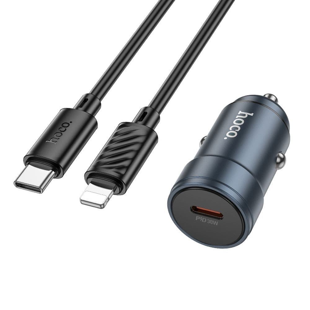 hoco Z57 Glorious Single Port PD30W Aluminium Alloy Mini Car Charger Set with USB-C to Lightning Cable Metal Grey