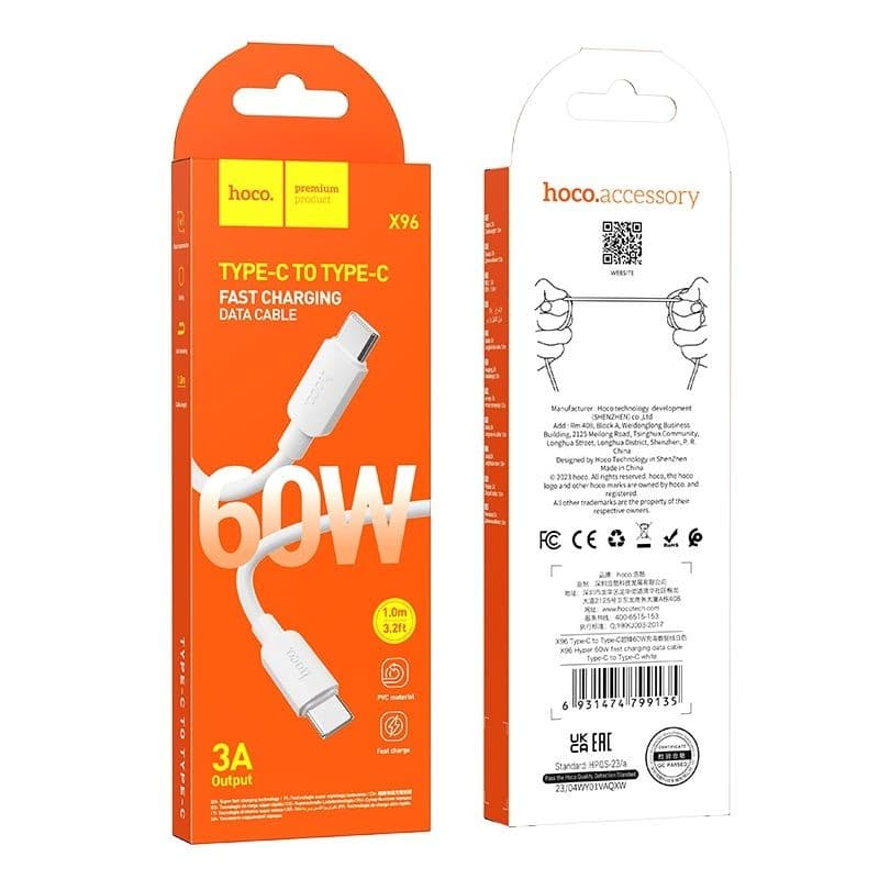 hoco X96 Hyper 60W Type-C to Type-C Fast Charging Data Cable 1 m White