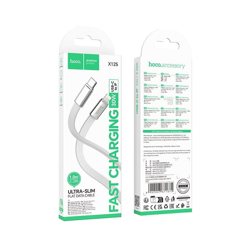 hoco X125 Excreo PD30W Ultra-Slim Flat USB-C to Lightning Data Cable 1 m White