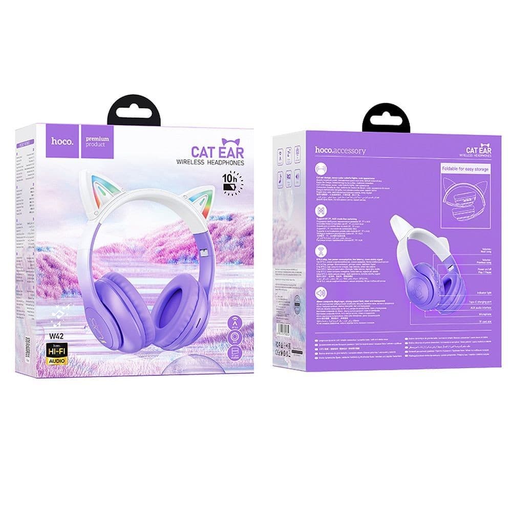 hoco W42 Cat Ear Wireless Bluetooth Headphones with RGB Lighting Purple