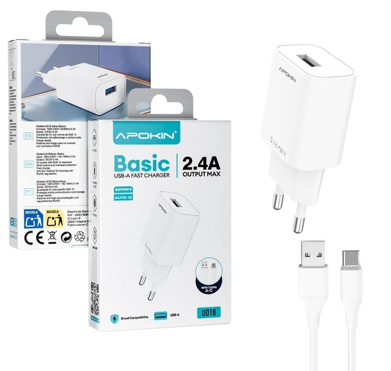 Apokin U018 Basic 2.4A USB-A Fast Charger with USB-C Cable White
