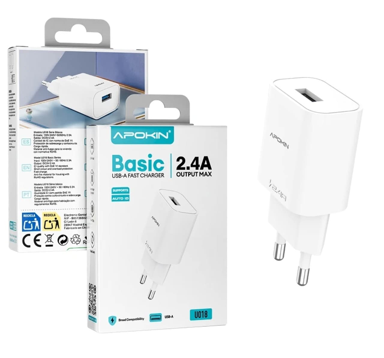 Apokin U018 Basic 2.4A USB-A Fast Charger White (no cable)