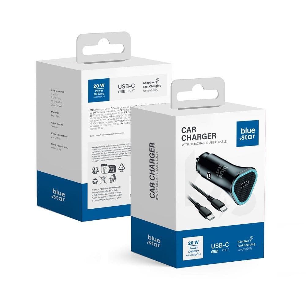 Blue Star Car Charger 20W USB-C with Detachable USB-C Cable Black