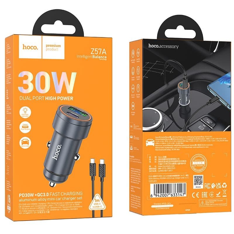 hoco Z57A Glorious PD30W and QC3.0 Dual Port Aluminium Alloy Mini Car Charger Set with USB-C to USB-C Cable Metal Grey