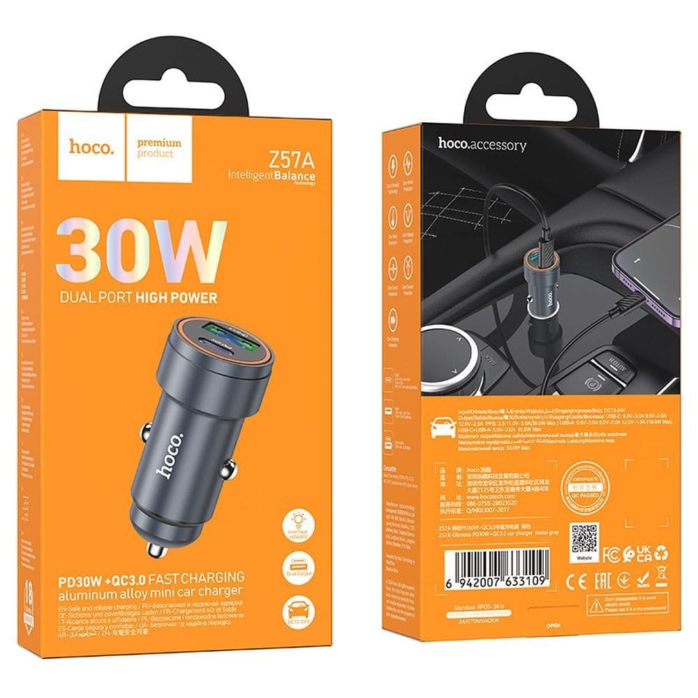 hoco Z57A Glorious PD30W and QC3.0 Dual Port Aluminium Alloy Mini Car Charger Metal Grey