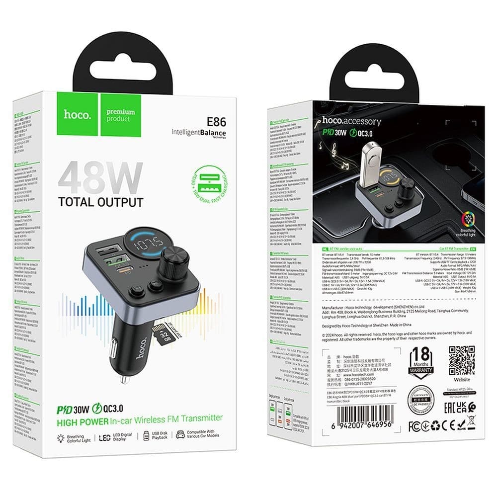hoco E86 Kingria 48W Dual Port PD30W and QC3.0 In-Car Wireless Bluetooth FM Transmitter Black