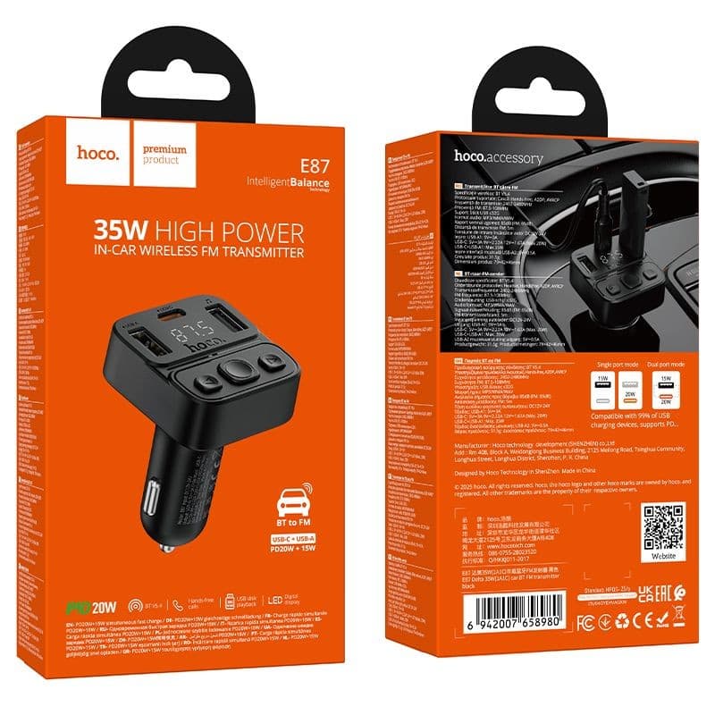 hoco E87 Delta 35W In-Car Wireless Bluetooth FM Transmitter Black